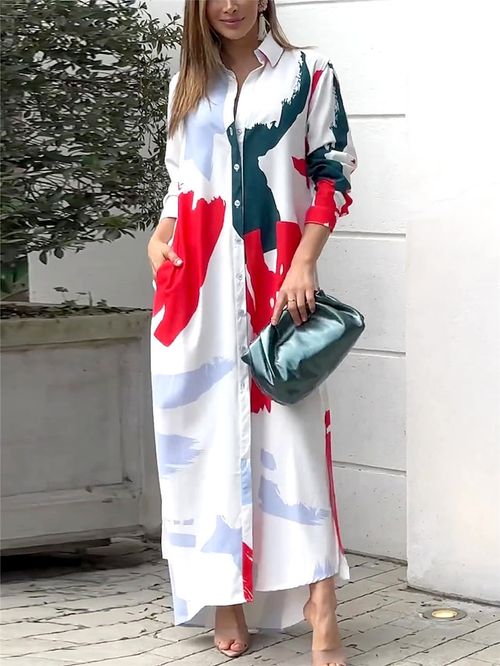 Women's Long Dress Maxi Dress Shirt Dress Casual Dress Satin Dress Graphic Fashion Streetwear Outdoor Daily Vacation Button Print 3/4 Length Sleeve Shirt Collar Dress Loose Fit White Summer Spring S
#9554401