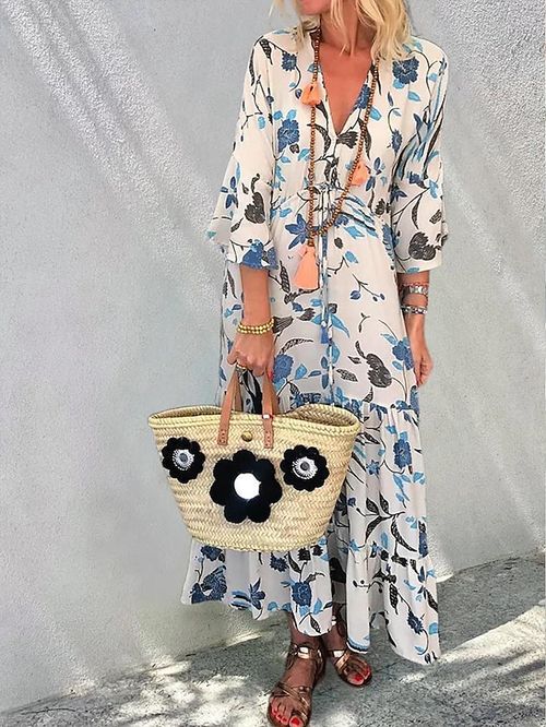 Women's Long Dress Maxi Dress Casual Dress Summer Dress Print Dress Leaf Floral Fashion Modern Daily Vacation Going out Ruffle Print 3/4 Length Sleeve V Neck Dress Regular Fit Blue Summer Spring S M
#9534493