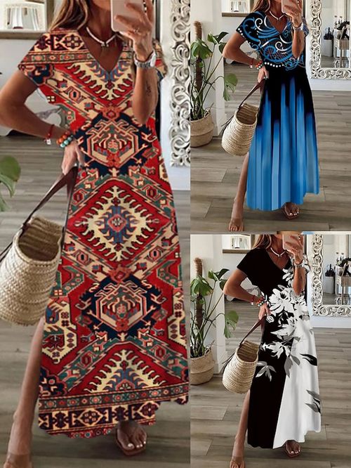 Women's Long Dress Maxi Dress Casual Dress Summer Dress Print Dress Floral Geometric Tribal Retro Vintage Outdoor Daily Going out Split Print Short Sleeve V Neck Dress Regular Fit Black Yellow Wine
#9548103