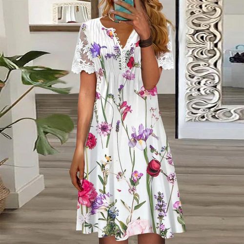 Elegant Short Sleeve Floral Print Midi Dress