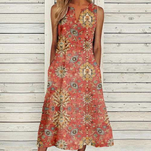 Elegant Orange Print Sleeveless Midi Dress