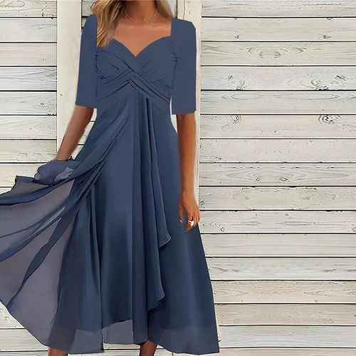 Navy Plain Half Sleeve Midi Dress