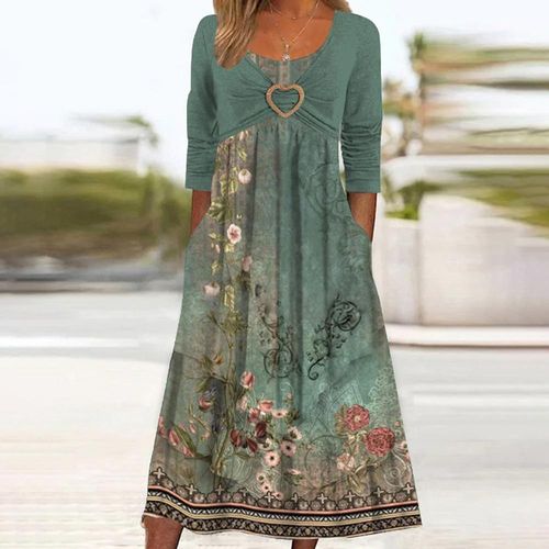 Youthful Floral Print Long Sleeve Green Midi Dress