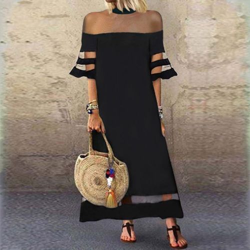 Black Plain 3/4 Sleeve Midi Dress