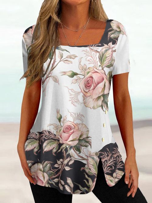 Women's Short Sleeve U-neck Floral Printed Graphic Button Top