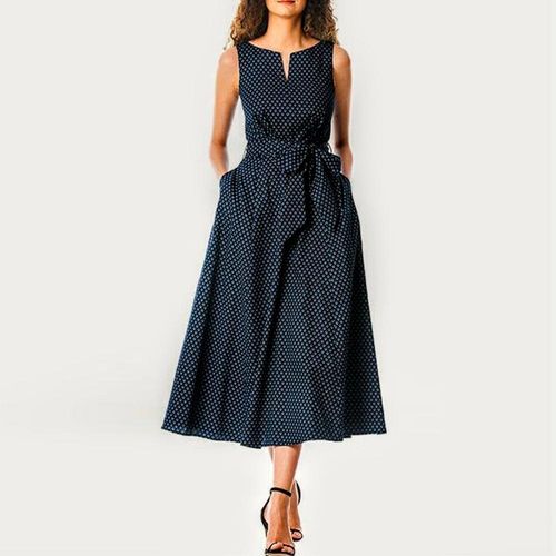 Navy Print Boat Neck Sleeveless Midi Dress