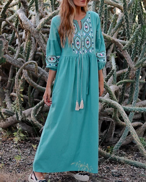 Resort-style Vacation Embroidered Cotton and Linen Dress b6a5