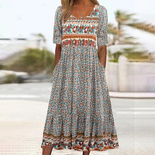 Special Round Neck Print Midi Dress