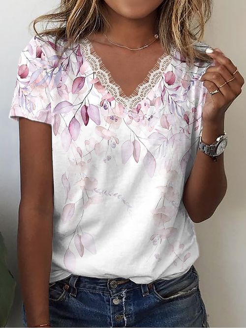 Women's T shirt Tee White Floral Lace Trims Print Short Sleeve Casual Holiday Basic Round Neck Regular Floral Painting S