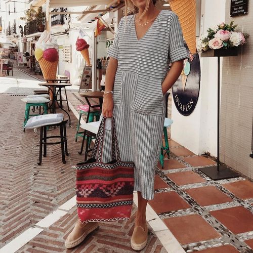 Baggy Striped Short Sleeve Midi Dress