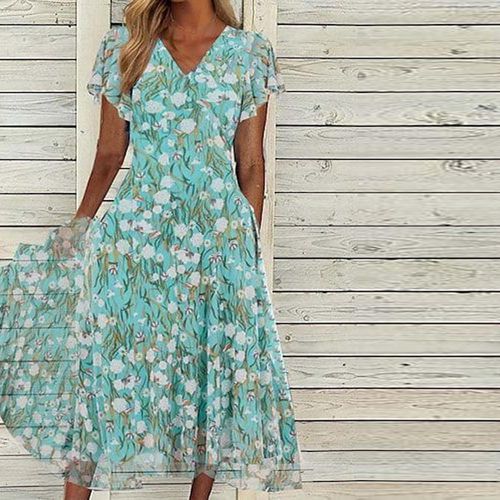 Green Print Side Pocket Midi Dress