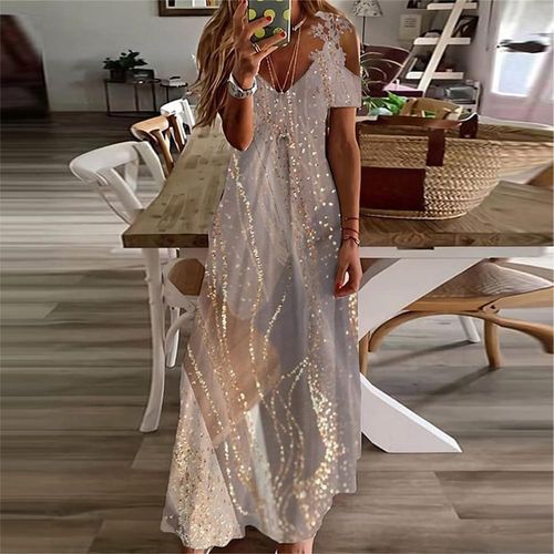 Cold Shoulder Glitter Ribbon Print Maxi Dress