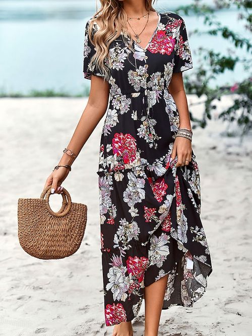 Women's Long Dress Maxi Dress Casual Dress Sundress A Line Dress Floral Fashion Streetwear Outdoor Daily Holiday Drawstring Print Short Sleeve V Neck Dress Loose Fit Black Summer Spring S M L XL
#9539906