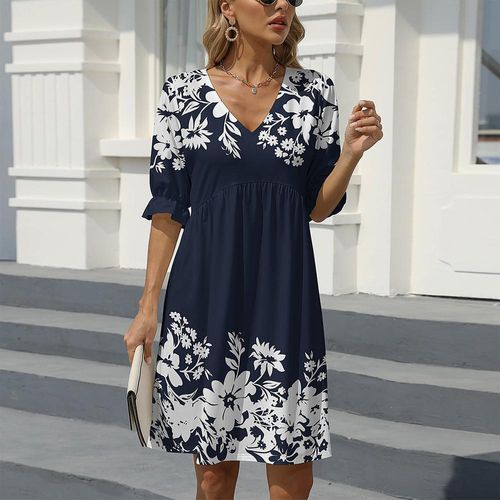 Navy V-Neck Print Mini Dress