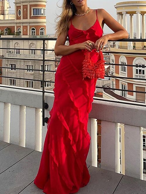 Women's Prom Dress Wedding Guest Dress Party Dress Long Dress Maxi Dress Black Red Sleeveless Pure Color Ruffle Summer Spring Spaghetti Strap Fashion Evening Party Wedding Guest Vacation 2023 S M L XL
#9551702