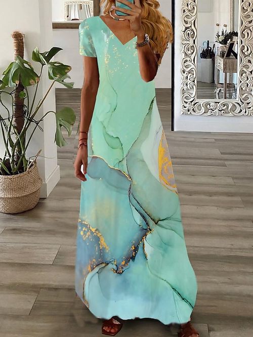 Women's Long Dress Maxi Dress Casual Dress Print Dress Graphic Marbling Fashion Modern Daily Holiday Vacation Print Short Sleeve V Neck Dress Regular Fit Light Green Blue Summer Spring XS S M L XL
#9534460