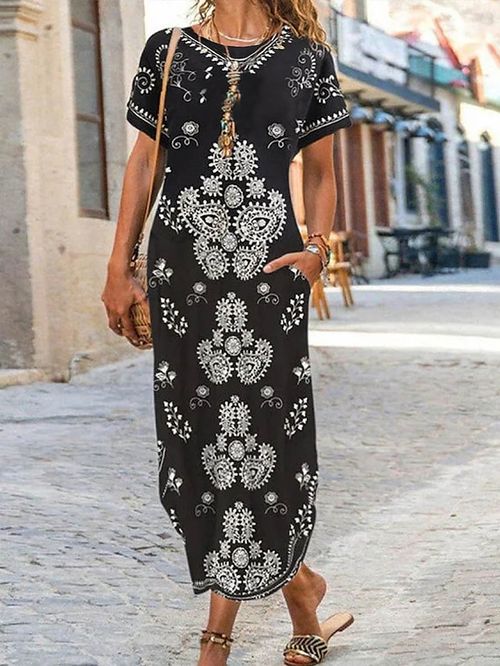 Women's Long Dress Maxi Dress Casual Dress Summer Dress Print Dress Floral Paisley Retro Vintage Outdoor Daily Going out Pocket Print Short Sleeve V Neck Dress Regular Fit Black Red Blue Summer Spring
#9541999