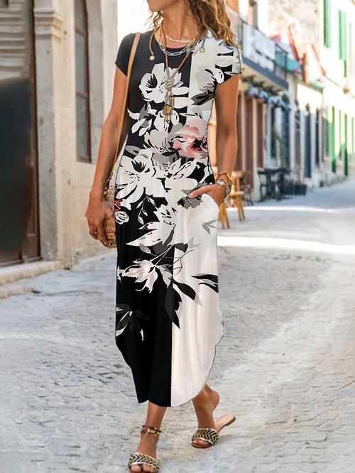 Women's Long Dress Maxi Dress Casual Dress Shift Dress Summer Dress Floral Fashion Streetwear Outdoor Daily Going out Pocket Split Short Sleeve Crew Neck Dress Regular Fit Black White Red Summer
#9551554