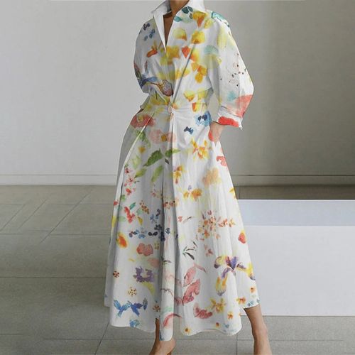 Groovy 3/4 Sleeve Print Maxi Dress