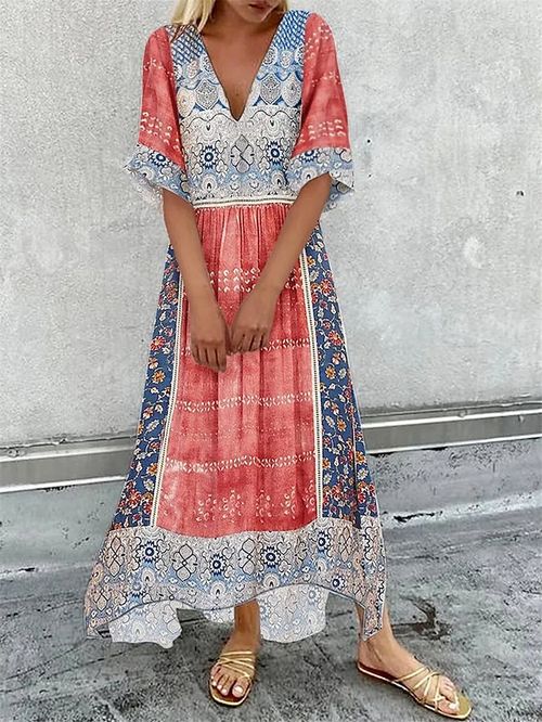 Women's Long Dress Maxi Dress Casual Dress Boho Dress Print Dress Floral Tribal Retro Vintage Outdoor Daily Holiday High Low dress Print Half Sleeve V Neck Dress Regular Fit Red Summer Spring S M L
#9552419