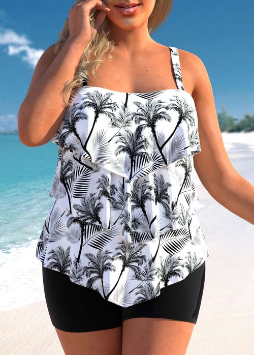 RUFFLE HEM COCONUT TREE PRINT PLUS SIZE TANKINI