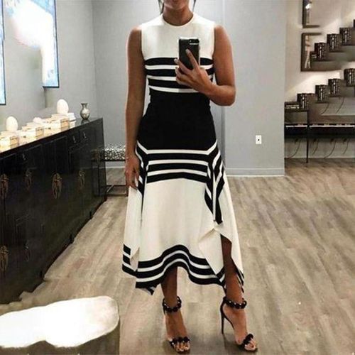 Striped Black Apricot Color Block Asymmetrical High Neck Dress