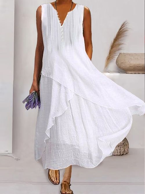 Women's Casual Dress Cotton Linen Dress Swing Dress Maxi long Dress Cotton Blend Basic Elegant Outdoor Daily V Neck Button Pocket Sleeveless Summer Spring 2023 Regular Fit White Plain S M L XL 2XL
#9546952