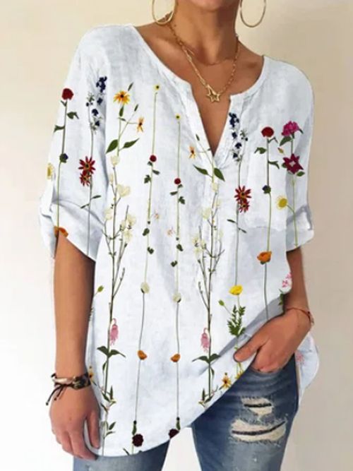 Ladies V-neck Floral Print Fashion Short-sleeved Blouse