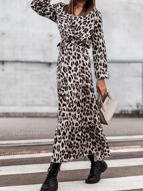 Women's Long Dress Maxi Dress Casual Dress Swing Dress Print Dress Leopard Fashion Classic Daily Holiday Vacation Drawstring Print Long Sleeve V Neck Dress Regular Fit Green Khaki Summer Spring S M L
#9546504