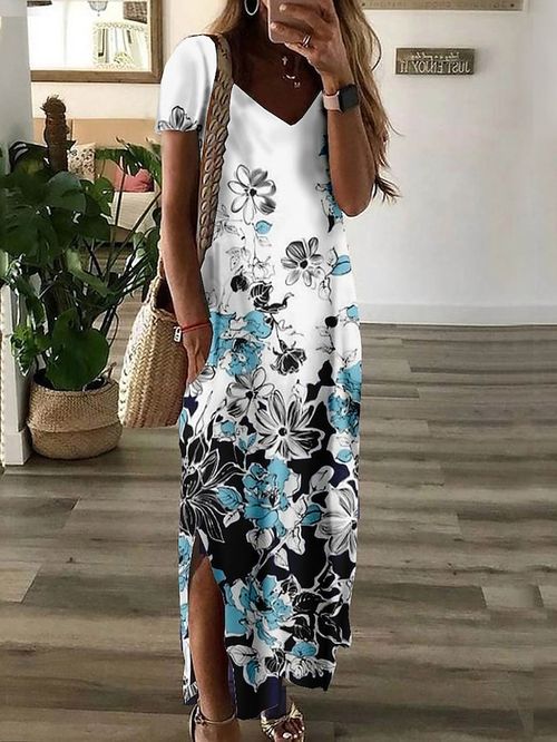 Women's Long Dress Maxi Dress Casual Dress Shift Dress Summer Dress Floral Fashion Streetwear Outdoor Daily Vacation Pocket Split Short Sleeve V Neck Dress Loose Fit White Blue Light Sky Blue Summer
#9542267