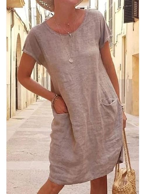 Women‘s Shift Dress Knee Length Dress Short Sleeve Pure Color Pocket Spring Summer Crew Neck Basic Casual Classic Loose 2023 S M L XL 2XL 3XL 4XL 5XL / Cotton