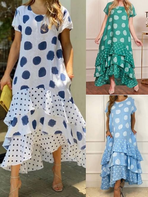 Women's Long Dress Maxi Dress Swing Dress Summer Dress Polka Dot Dress Polka Dot Fashion Modern Daily Holiday Date Layered Print Short Sleeve Crew Neck Dress Regular Fit White Yellow Pink Summer
#9548097