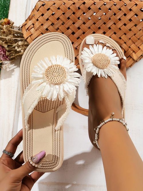 Vacation Beige Sunflower Beach Flip-Flops