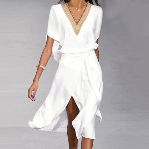 Chevron V-Neck White Draped High Slit Midi Dress