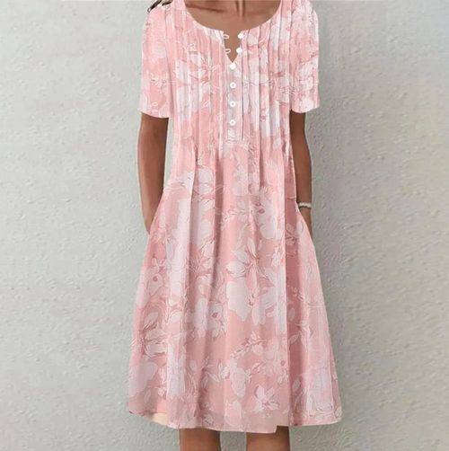 Pink Short Sleeve Round Neck Midi Dress