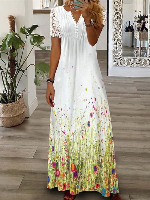 Women's Long Dress Maxi Dress A Line Dress Print Dress Floral Fashion Romantic Holiday Vacation Beach Lace Ruched Short Sleeve V Neck Dress Regular Fit White Summer Spring S M L XL XXL
#9537328