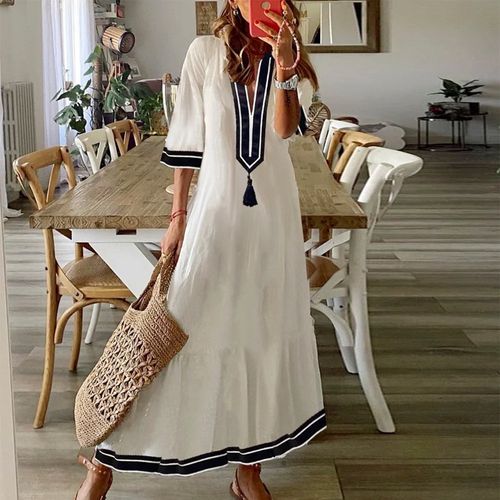 Sailor Blue White Tassel V-Neck Midi Dress