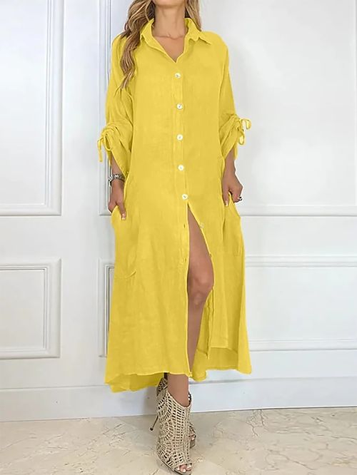 Women's Long Dress Maxi Dress Shirt Dress Casual Dress Spring Dress Plain Basic Classic Outdoor Daily Vacation Button Pocket Long Sleeve Shirt Collar Dress Loose Fit Yellow Summer Spring S M L XL XXL
#9552898