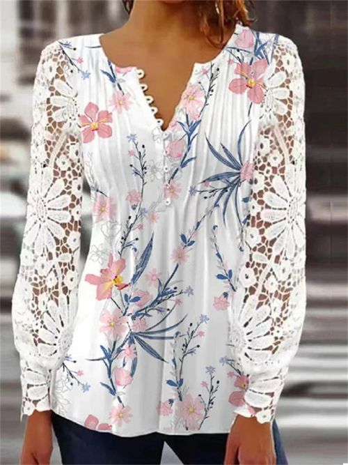 Women Long Sleeve V-neck Floral Printed Lace Top