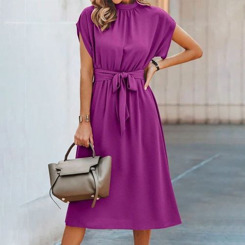 Purple Plain Short Sleeve Midi Dress