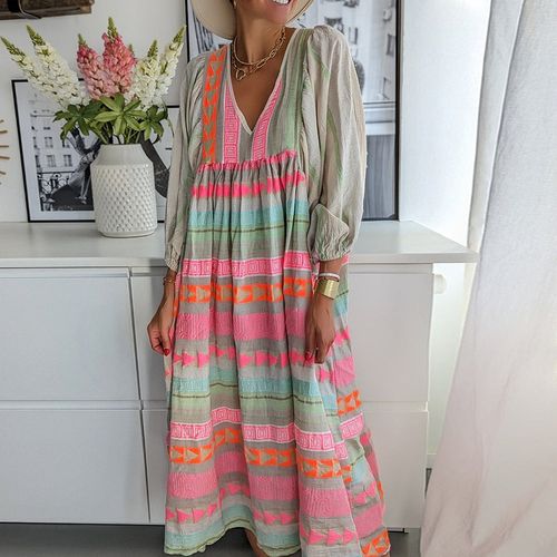 Pink Greek Key and Orange Chain Striped Print Midi Dress