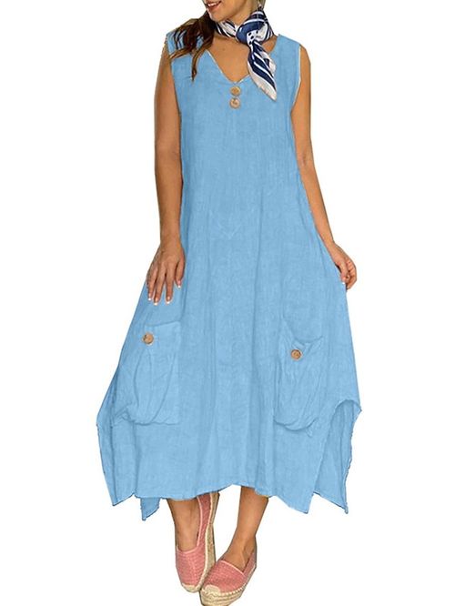 Women's Casual Dress Cotton Linen Dress Maxi long Dress Cotton Blend Basic Casual Outdoor Daily Vacation V Neck Button Pocket Sleeveless Summer Spring 2023 Regular Fit Blue Plain S M L XL
#9554542