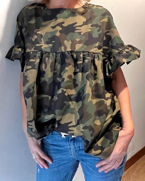 Puff sleeve camouflage loose top cbbf