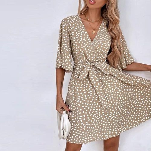 Apricot V-Neck Print Mini Dress