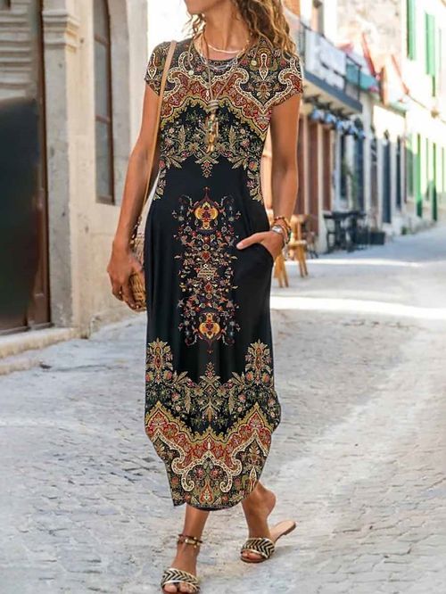 Women's Long Dress Maxi Dress Casual Dress Shift Dress Summer Dress Floral Tribal Retro Vintage Outdoor Daily Vacation Pocket Split Short Sleeve Crew Neck Dress Regular Fit Black Yellow Khaki Summer
#9551571