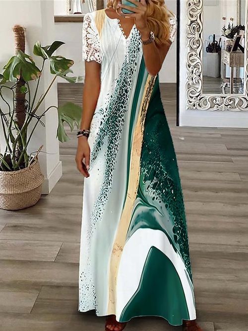 Women's Long Dress Maxi Dress A Line Dress Print Dress Marbling Fashion Romantic Holiday Vacation Beach Lace Ruched Short Sleeve V Neck Dress Regular Fit Blue Sky Blue Green Summer Spring S M L XL XXL
#9537670