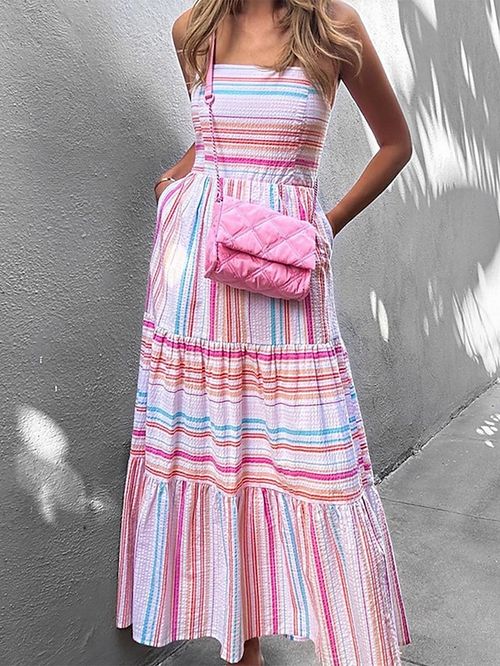 Women's Long Dress Maxi Dress Casual Dress Summer Dress Slip Dress Striped Colorful Romantic Casual Outdoor Daily Holiday Ruched Ruffle Sleeveless Spaghetti Strap Dress Regular Fit Pink Summer Spring
#9543156