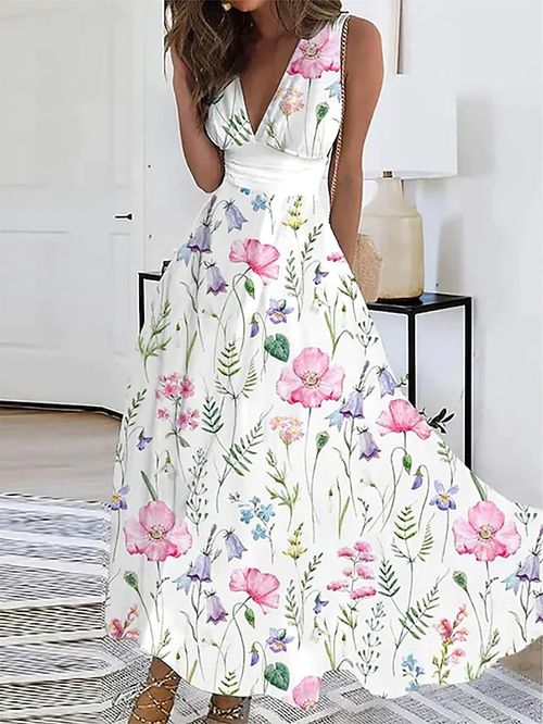 Women's Long Dress Maxi Dress Casual Dress Swing Dress A Line Dress Floral Fashion Streetwear Outdoor Daily Date Print Sleeveless V Neck Dress Regular Fit White Summer Spring S M L XL XXL