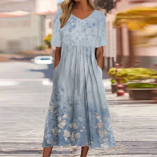 Blue Short Sleeve Print Midi Dress