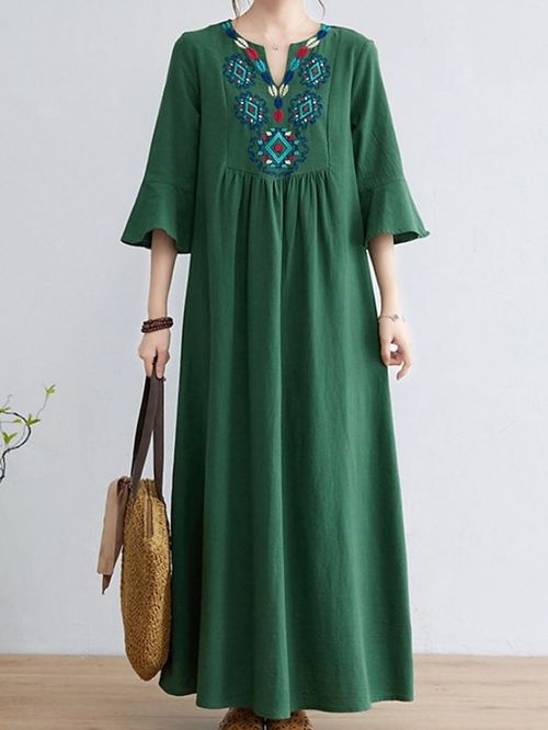 Women's Casual Dress Cotton Linen Dress Shift Dress Maxi long Dress Bamboo Fashion Modern Outdoor Daily Vacation V Neck Embroidered 3/4 Length Sleeve Summer Spring Fall 2023 Regular Fit White Orange
#9548494